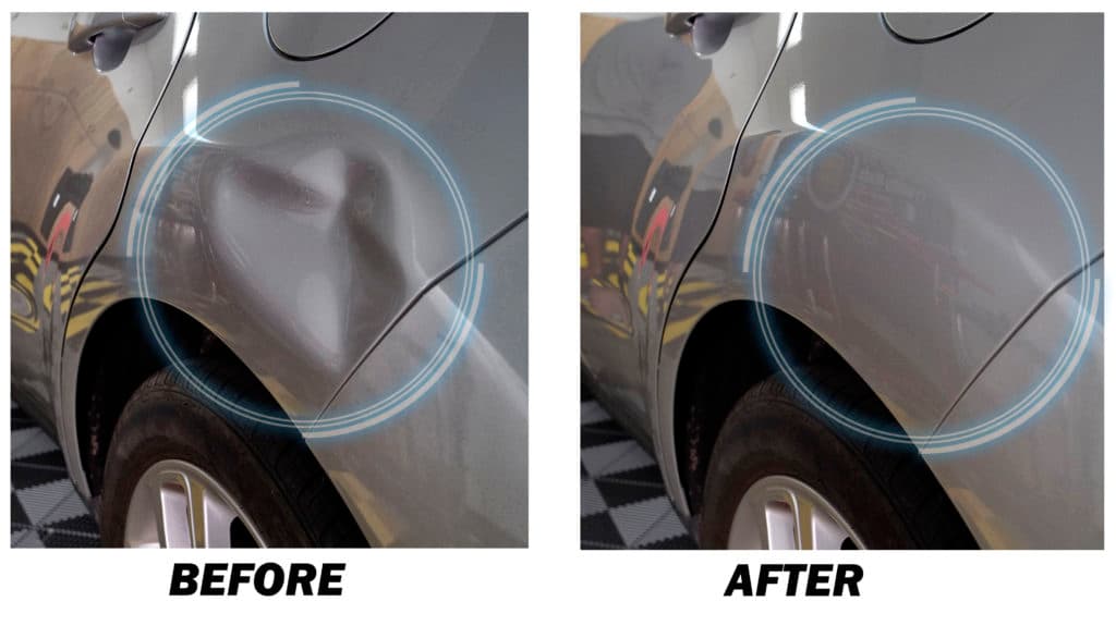 Close-up of paintless dent repair restoring a vehicle panel