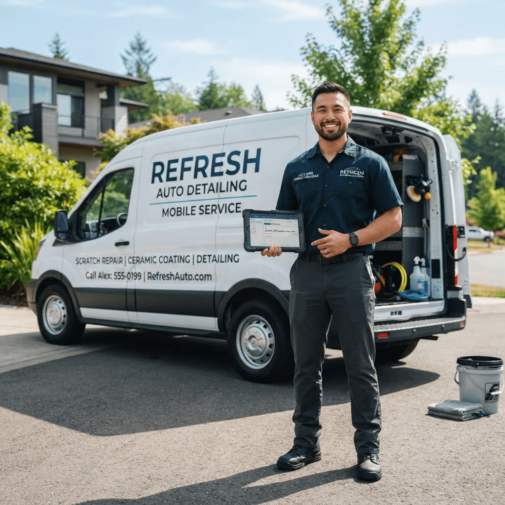Young reconditioning entrepreneur with a mobile service van