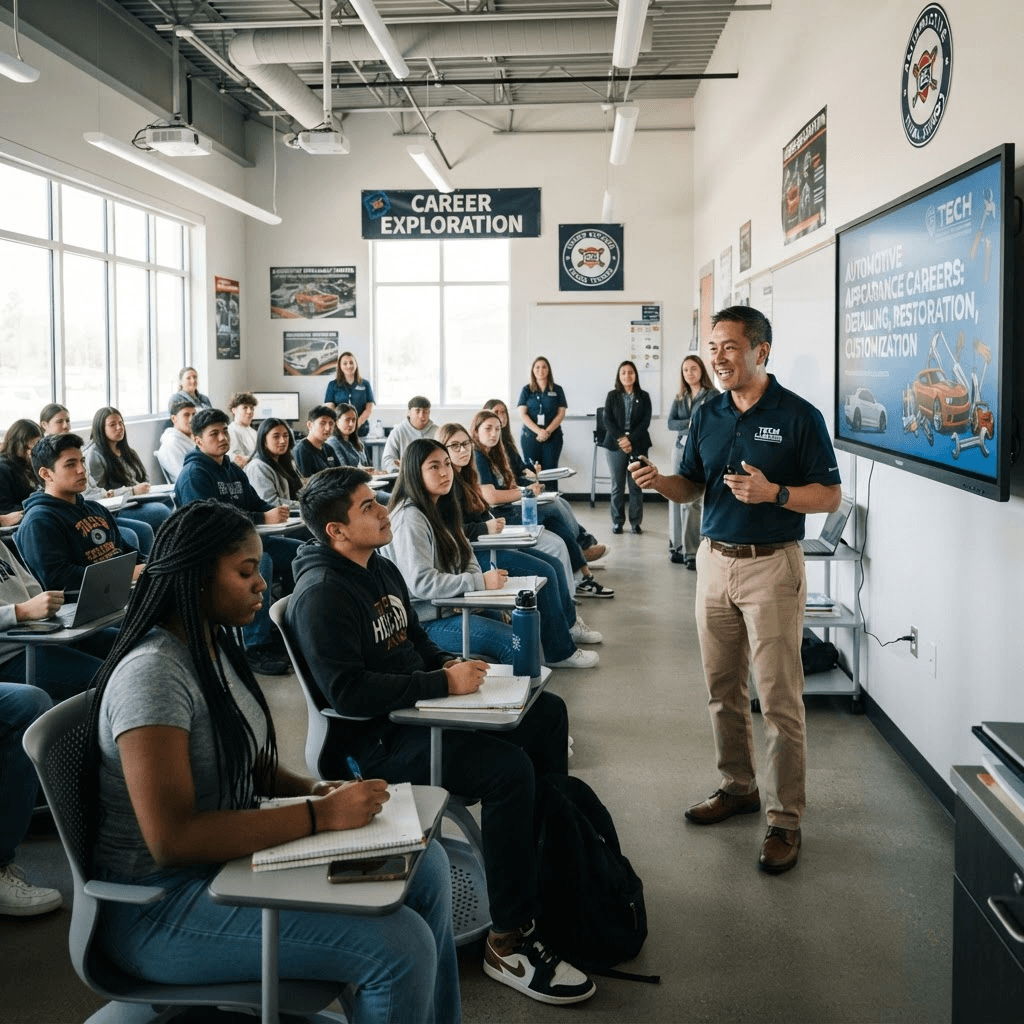 An instructor presenting automotive appearance career opportunities to high school students