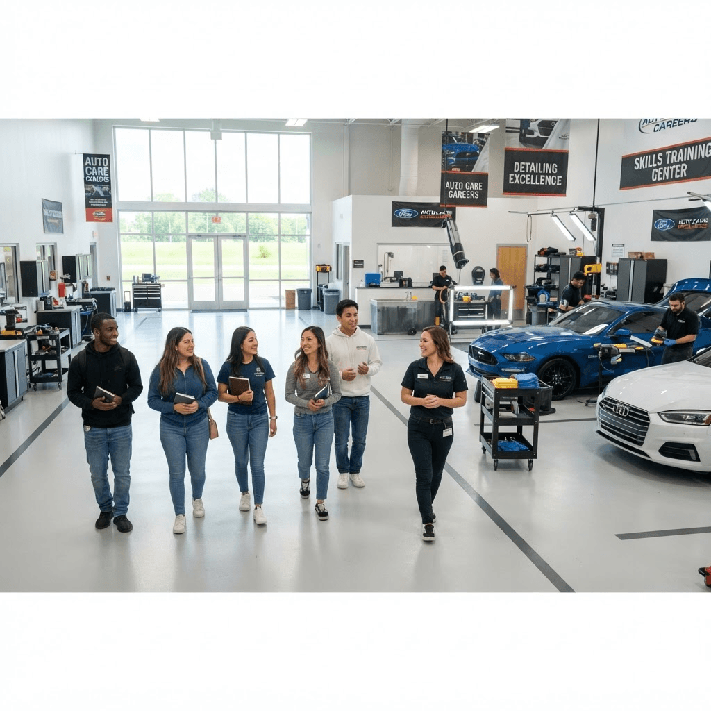 A group of students touring a bright, modern automotive appearance training facility